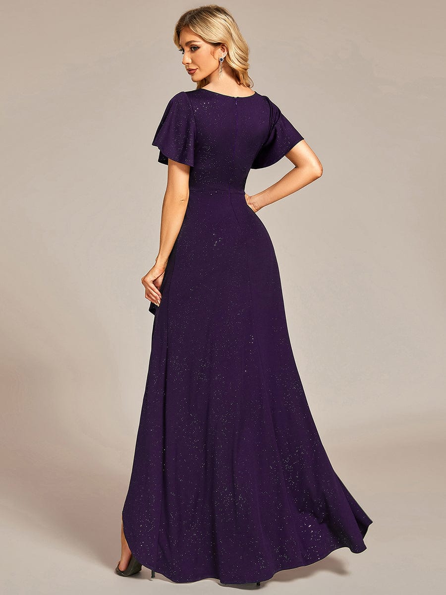 Glitter High-Low Front Side Slit Ruffled V-Neck Evening Dress #color_Dark Purple Glitter High-Low Front Side Slit Ruffled V-Neck Evening Dress #color_Dark Purple
