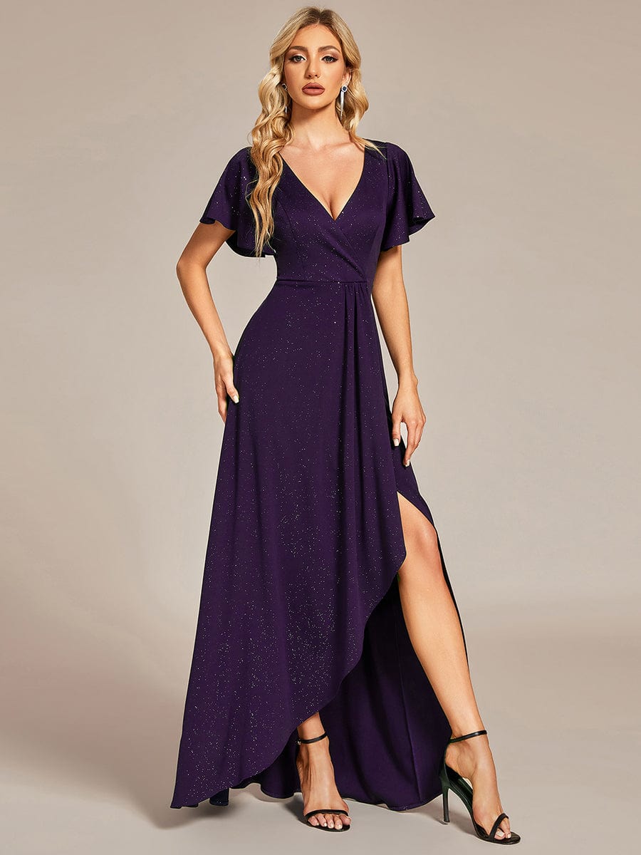 Glitter High-Low Front Side Slit Ruffled V-Neck Evening Dress #color_Dark Purple Glitter High-Low Front Side Slit Ruffled V-Neck Evening Dress #color_Dark Purple