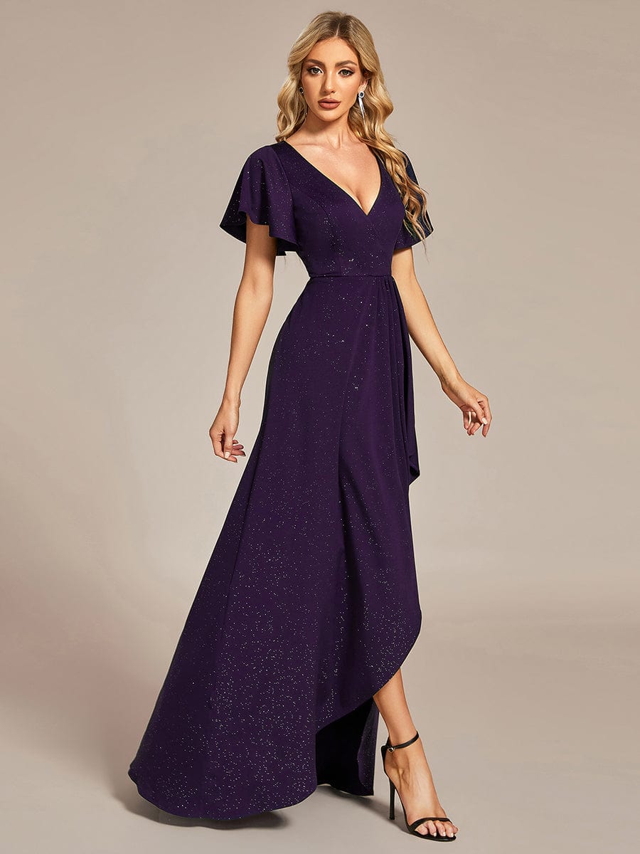 Glitter High-Low Front Side Slit Ruffled V-Neck Evening Dress #color_Dark Purple Glitter High-Low Front Side Slit Ruffled V-Neck Evening Dress #color_Dark Purple