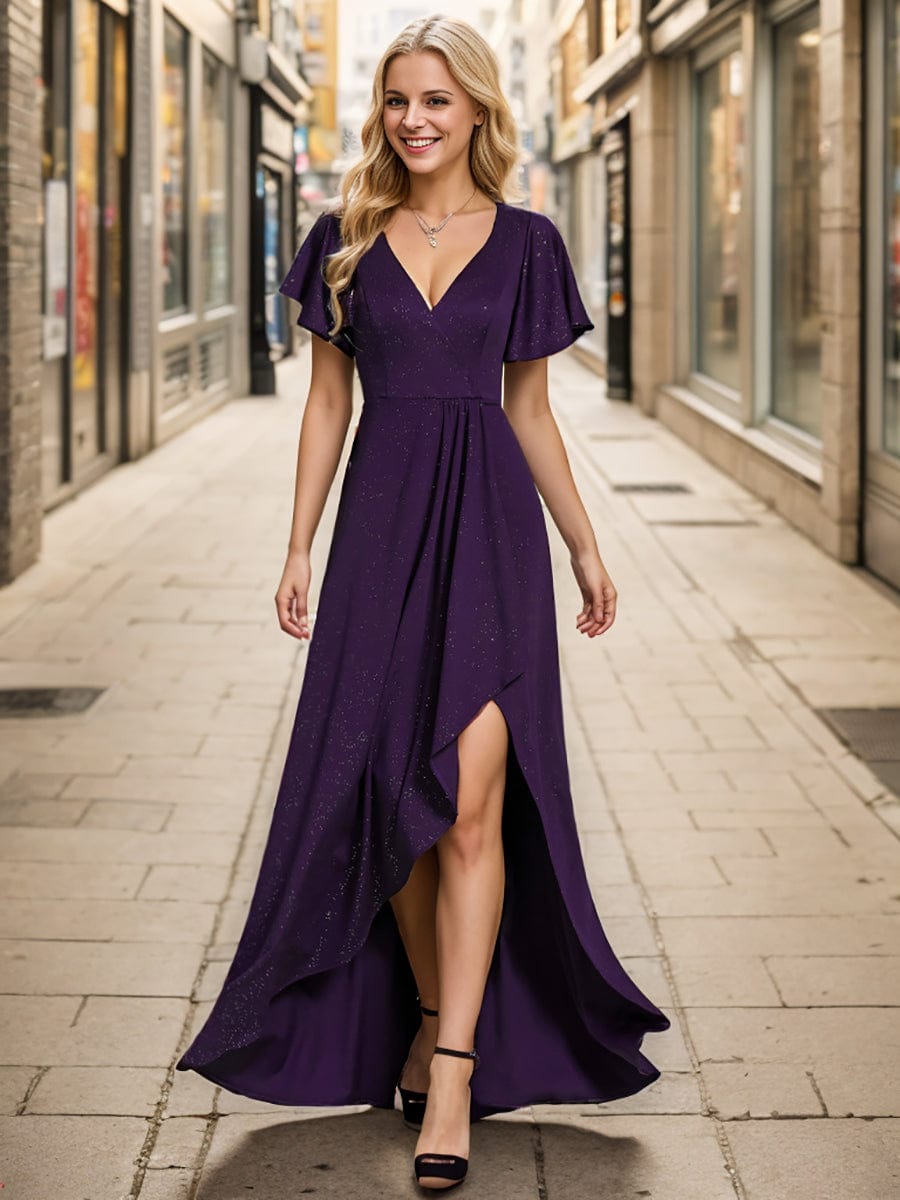 Glitter High-Low Front Side Slit Ruffled V-Neck Evening Dress #color_Dark Purple Glitter High-Low Front Side Slit Ruffled V-Neck Evening Dress #color_Dark Purple