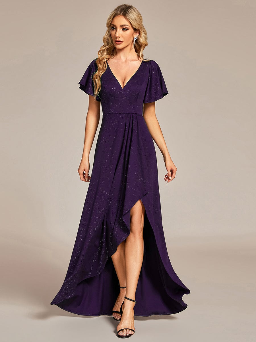 Glitter High-Low Front Side Slit Ruffled V-Neck Evening Dress #color_Dark Purple Glitter High-Low Front Side Slit Ruffled V-Neck Evening Dress #color_Dark Purple