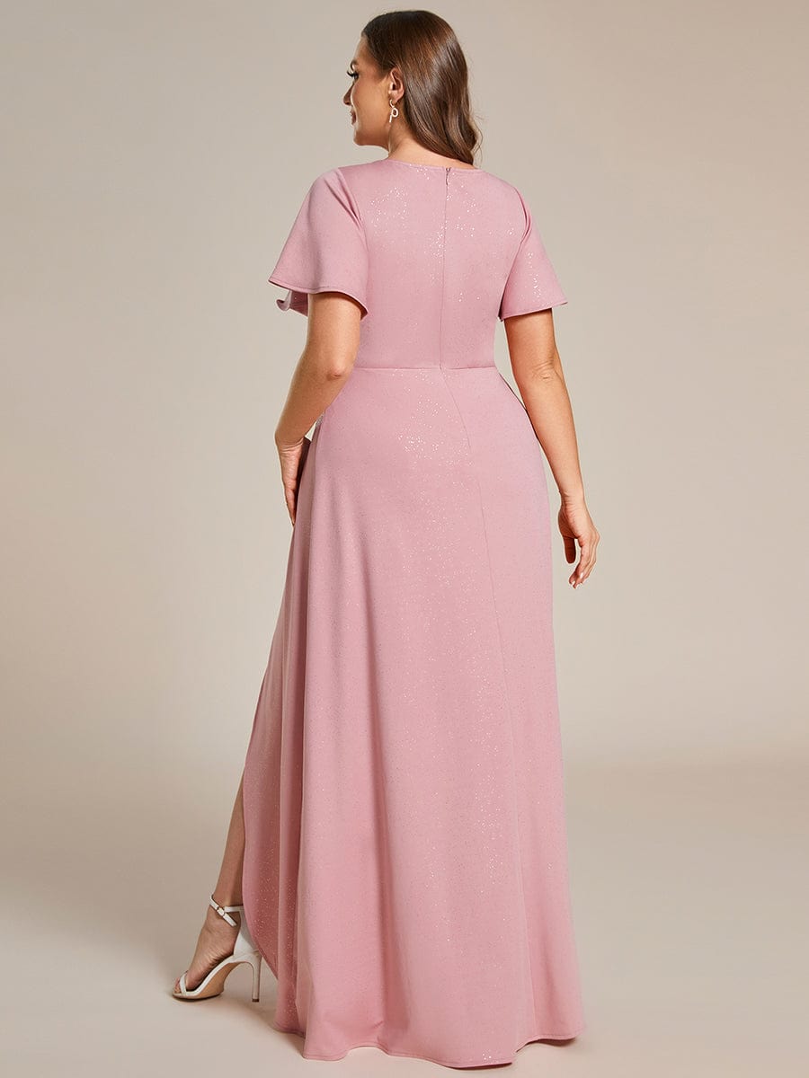 Plus Size Ruffled High-Low Front Slit Evening Dress with Glitter #color_Dusty Rose Plus Size Ruffled High-Low Front Slit Evening Dress with Glitter #color_Dusty Rose