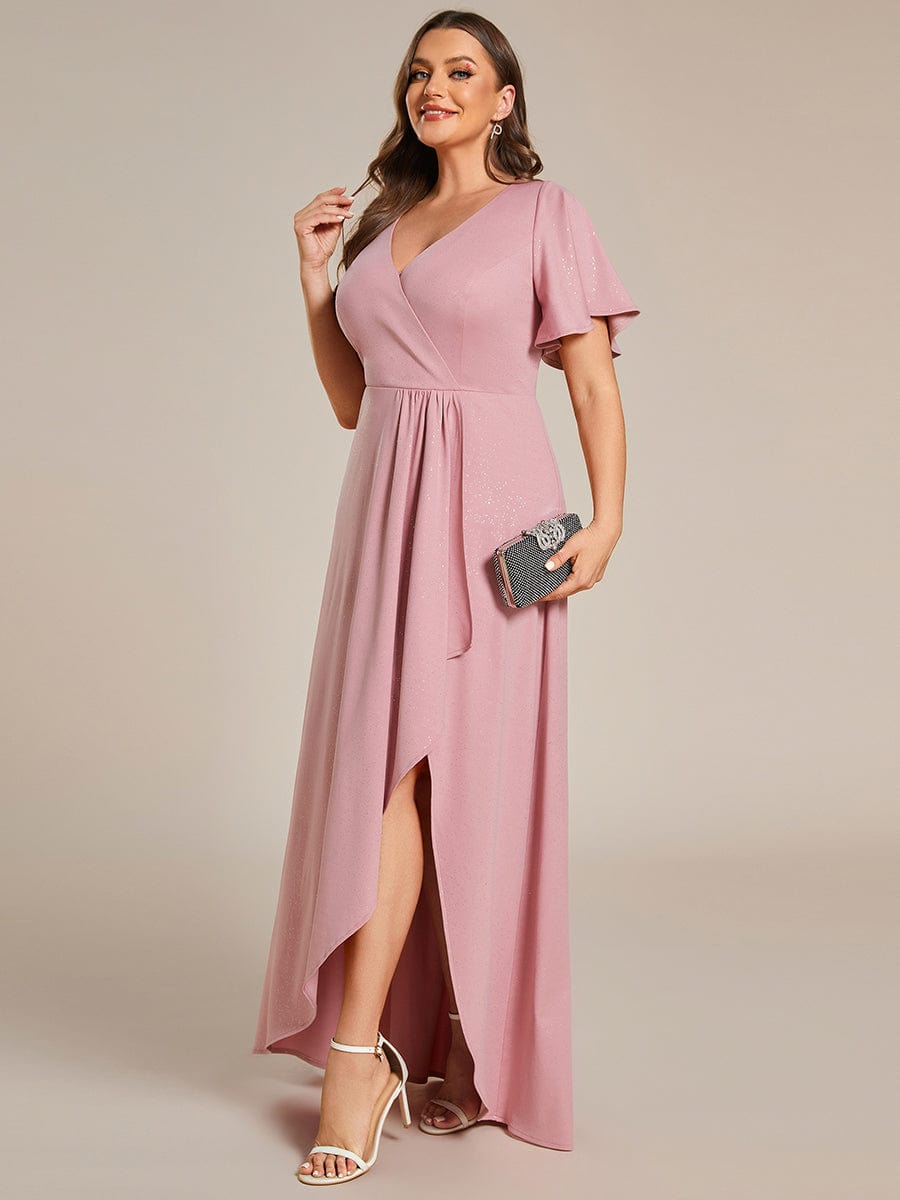 Plus Size Ruffled High-Low Front Slit Evening Dress with Glitter #color_Dusty Rose Plus Size Ruffled High-Low Front Slit Evening Dress with Glitter #color_Dusty Rose