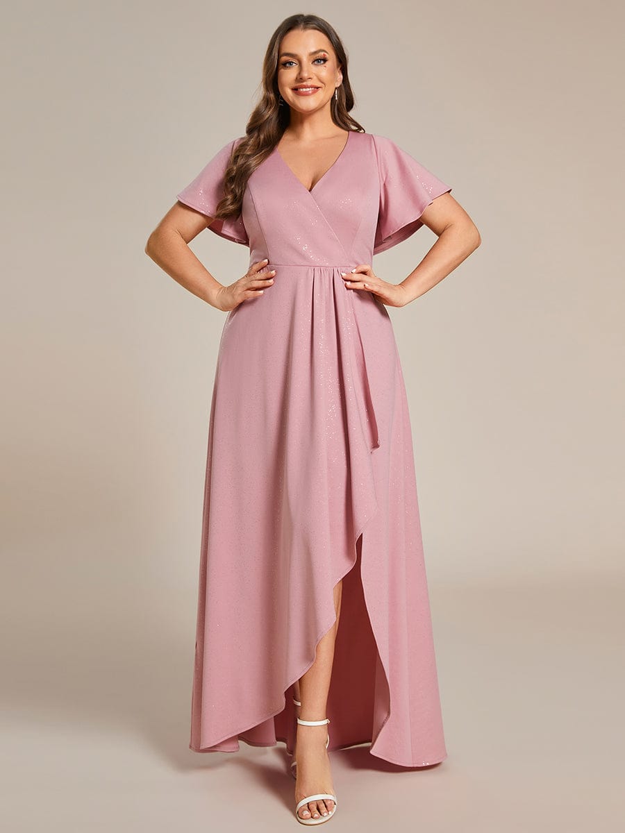 Plus Size Ruffled High-Low Front Slit Evening Dress with Glitter #color_Dusty Rose Plus Size Ruffled High-Low Front Slit Evening Dress with Glitter #color_Dusty Rose