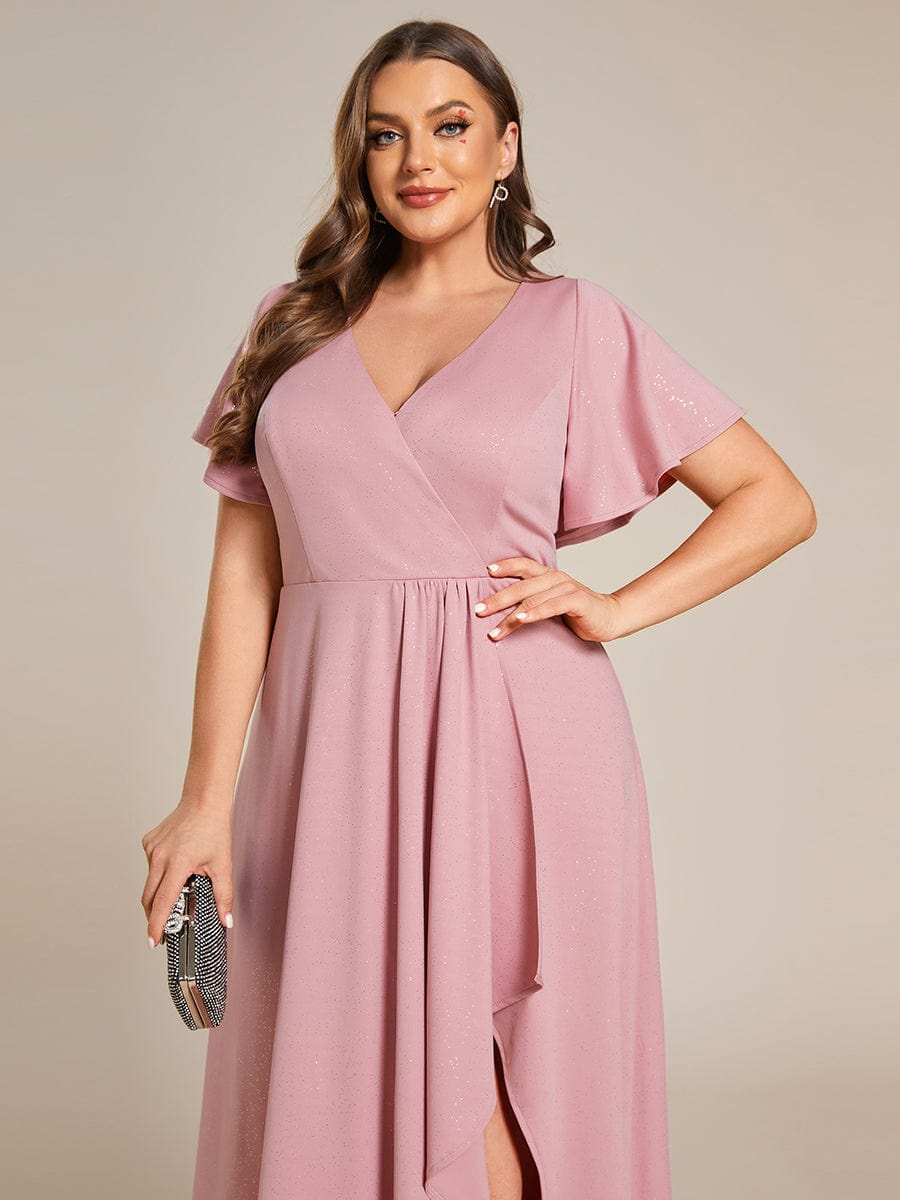 Glitter High-Low Front Side Slit Ruffled V-Neck Evening Dress #color_Dusty Rose Glitter High-Low Front Side Slit Ruffled V-Neck Evening Dress #color_Dusty Rose