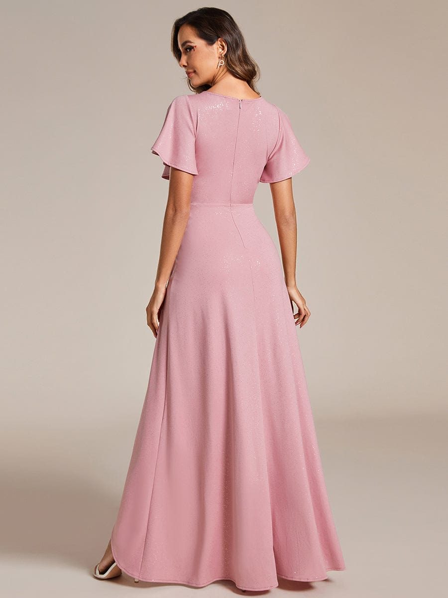 Glitter High-Low Front Side Slit Ruffled V-Neck Evening Dress #color_Dusty Rose Glitter High-Low Front Side Slit Ruffled V-Neck Evening Dress #color_Dusty Rose