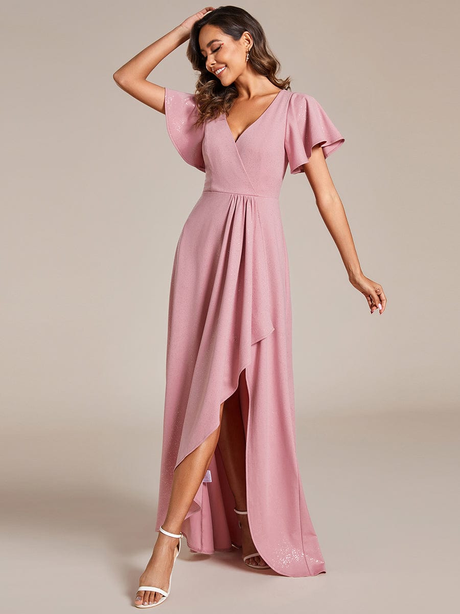 Glitter High-Low Front Side Slit Ruffled V-Neck Evening Dress #color_Dusty Rose Glitter High-Low Front Side Slit Ruffled V-Neck Evening Dress #color_Dusty Rose