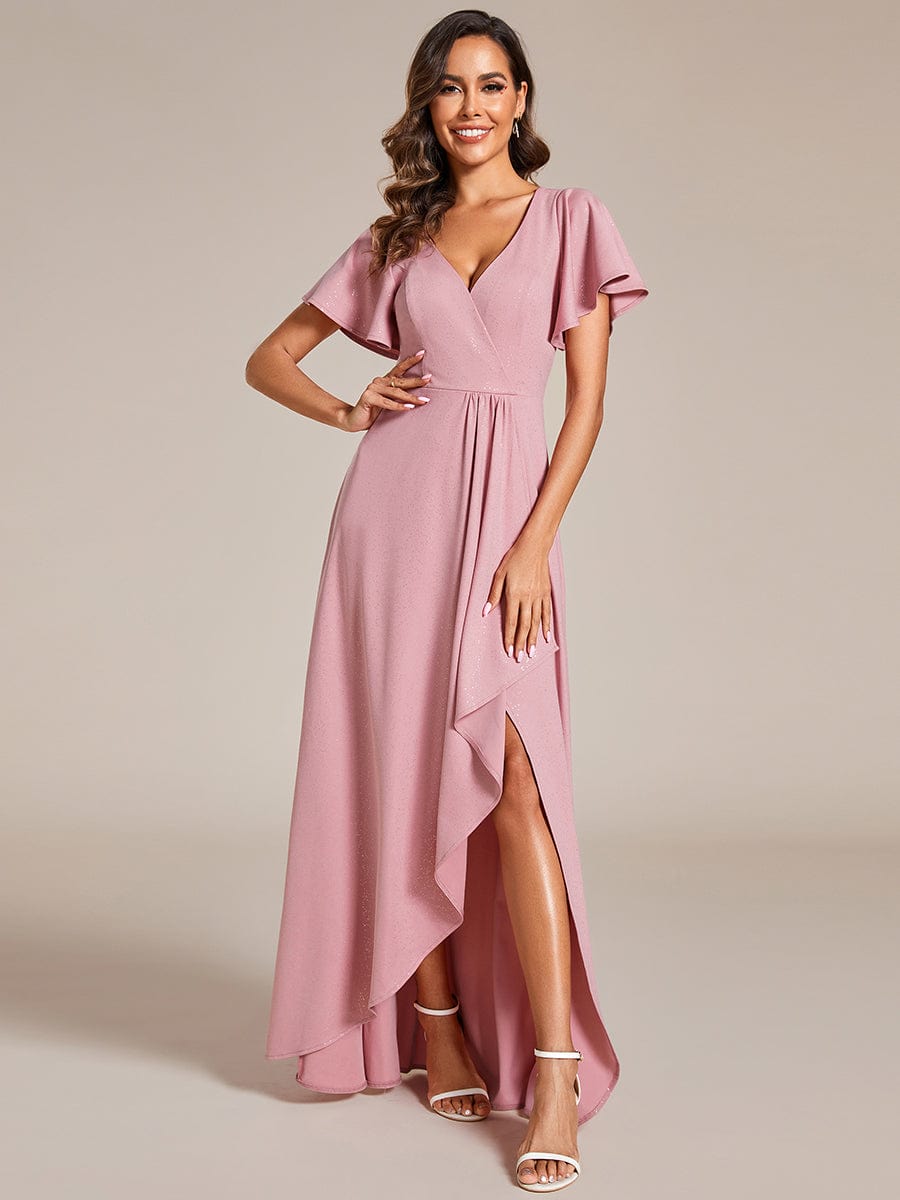 Glitter High-Low Front Side Slit Ruffled V-Neck Evening Dress #color_Dusty Rose Glitter High-Low Front Side Slit Ruffled V-Neck Evening Dress #color_Dusty Rose