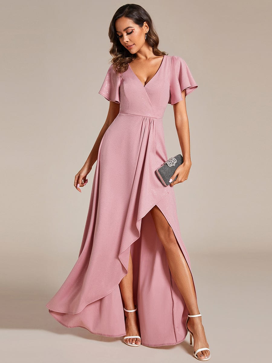 Glitter High-Low Front Side Slit Ruffled V-Neck Evening Dress #color_Dusty Rose Glitter High-Low Front Side Slit Ruffled V-Neck Evening Dress #color_Dusty Rose