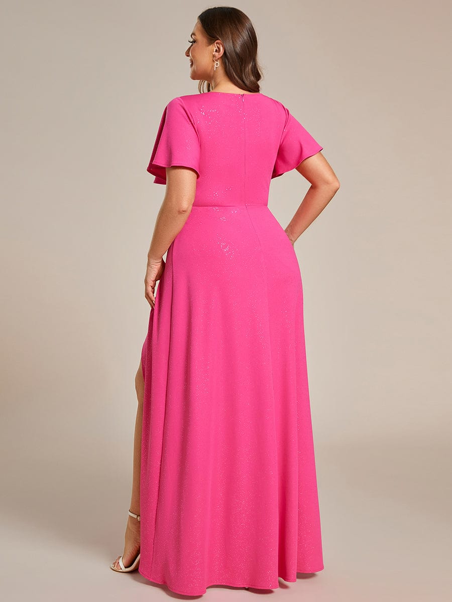 Plus Size Ruffled High-Low Front Slit Evening Dress with Glitter #color_Hot Pink Plus Size Ruffled High-Low Front Slit Evening Dress with Glitter #color_Hot Pink