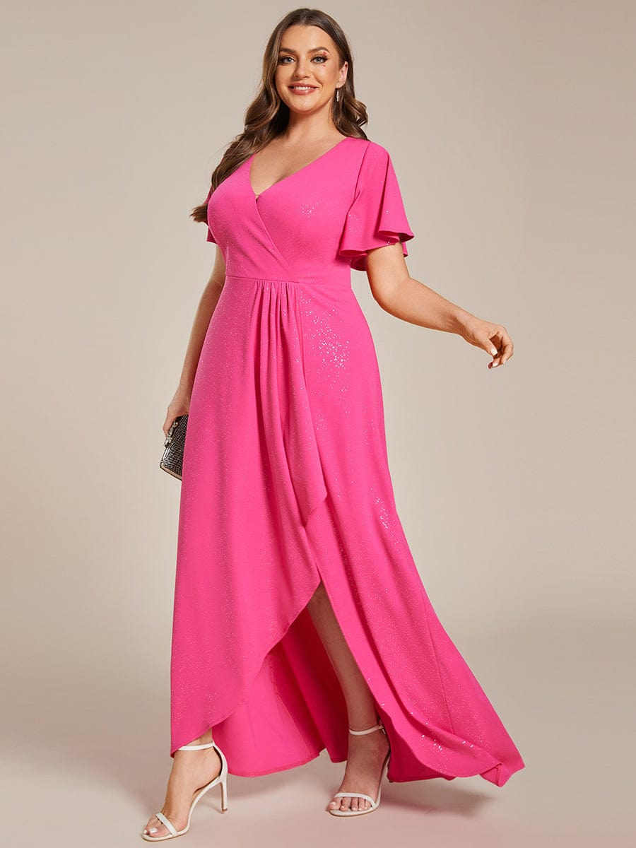 Plus Size Ruffled High-Low Front Slit Evening Dress with Glitter #color_Hot Pink Plus Size Ruffled High-Low Front Slit Evening Dress with Glitter #color_Hot Pink
