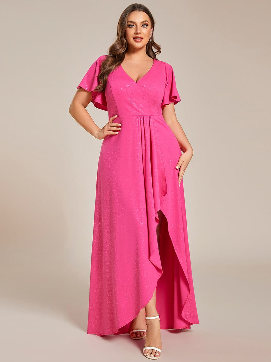 Plus Size Ruffled High-Low Front Slit Evening Dress with Glitter #color_Hot Pink Plus Size Ruffled High-Low Front Slit Evening Dress with Glitter #color_Hot Pink