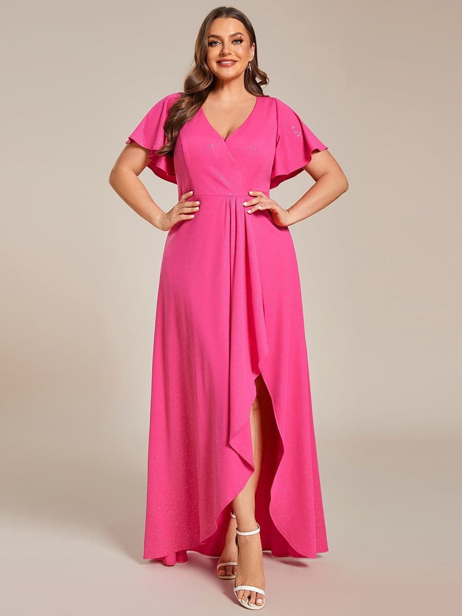 Plus Size Ruffled High-Low Front Slit Evening Dress with Glitter #color_Hot Pink Plus Size Ruffled High-Low Front Slit Evening Dress with Glitter #color_Hot Pink