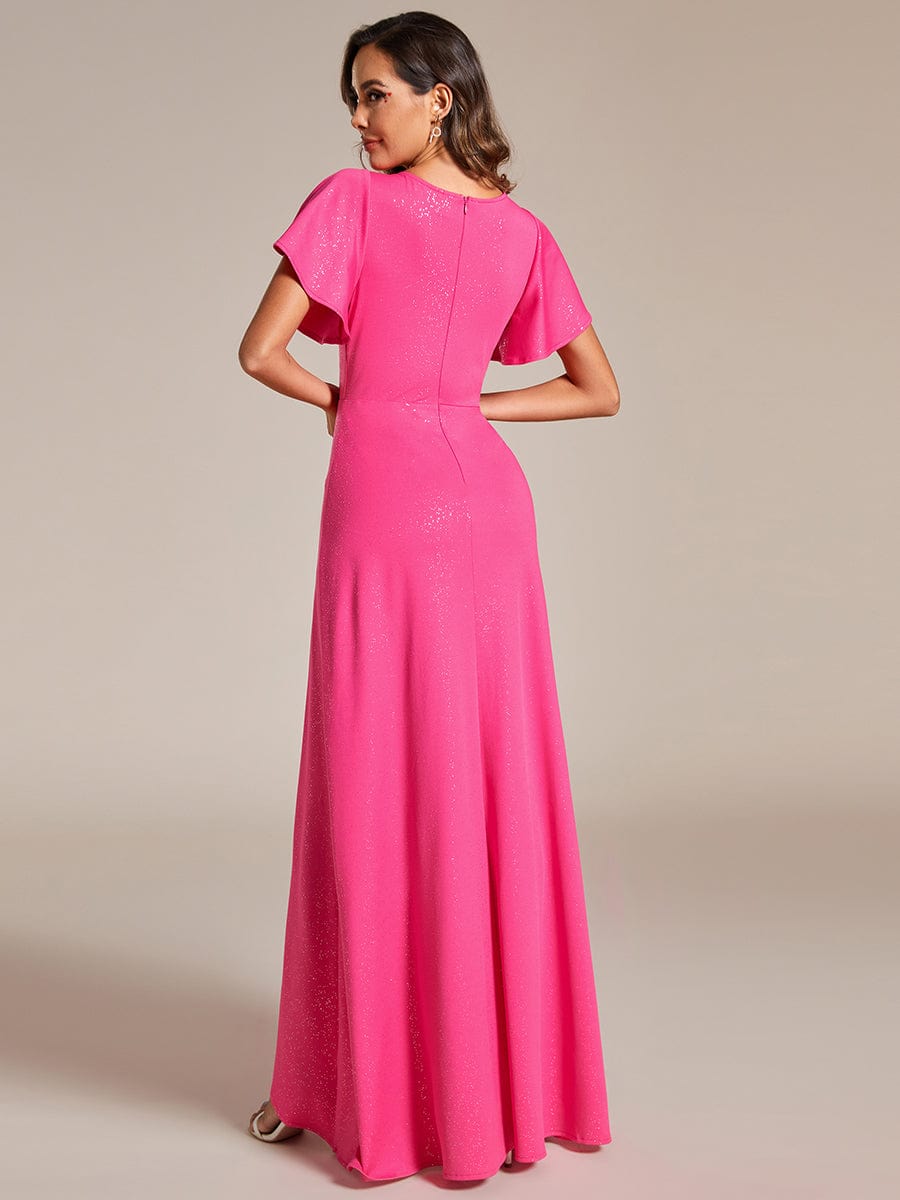 Glitter High-Low Front Side Slit Ruffled V-Neck Evening Dress #color_Hot Pink Glitter High-Low Front Side Slit Ruffled V-Neck Evening Dress #color_Hot Pink