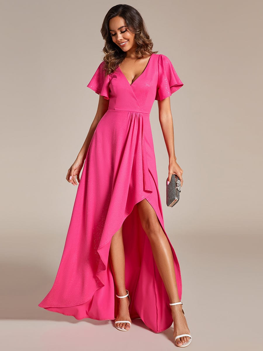Glitter High-Low Front Side Slit Ruffled V-Neck Evening Dress #color_Hot Pink Glitter High-Low Front Side Slit Ruffled V-Neck Evening Dress #color_Hot Pink