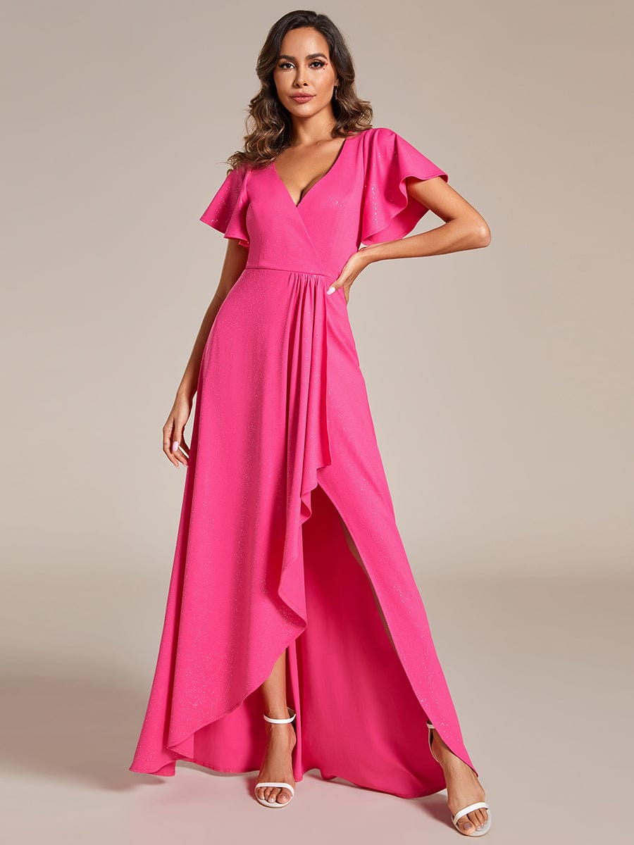 Glitter High-Low Front Side Slit Ruffled V-Neck Evening Dress #color_Hot Pink Glitter High-Low Front Side Slit Ruffled V-Neck Evening Dress #color_Hot Pink