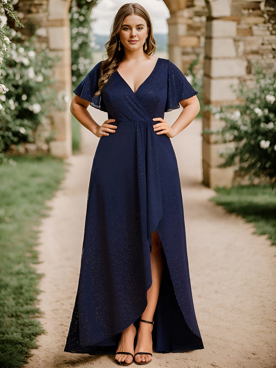 Glitter High-Low Front Side Slit Ruffled V-Neck Evening Dress #color_Navy Blue Glitter High-Low Front Side Slit Ruffled V-Neck Evening Dress #color_Navy Blue