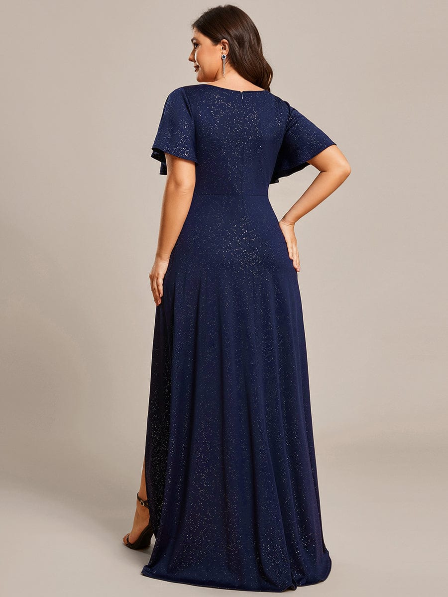 Glitter High-Low Front Side Slit Ruffled V-Neck Evening Dress #color_Navy Blue Glitter High-Low Front Side Slit Ruffled V-Neck Evening Dress #color_Navy Blue