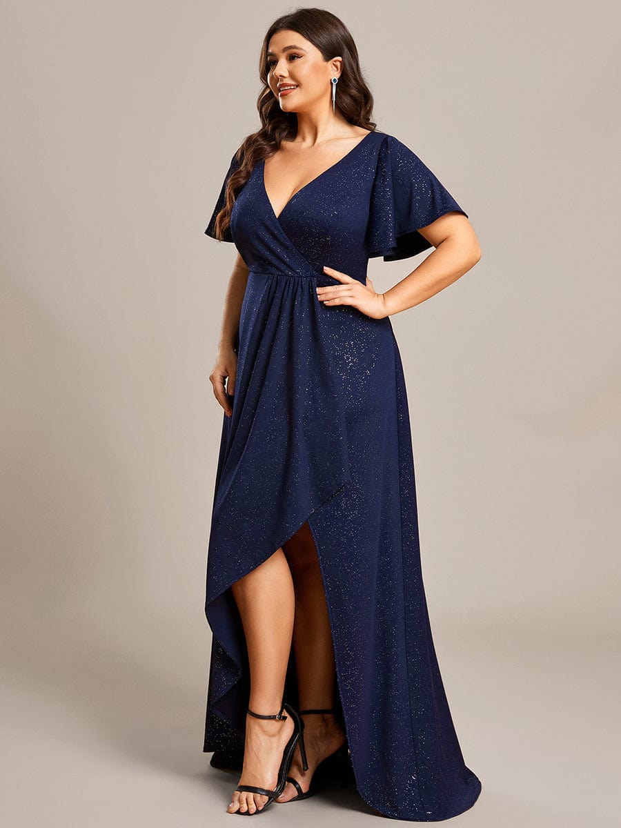 Glitter High-Low Front Side Slit Ruffled V-Neck Evening Dress #color_Navy Blue Glitter High-Low Front Side Slit Ruffled V-Neck Evening Dress #color_Navy Blue