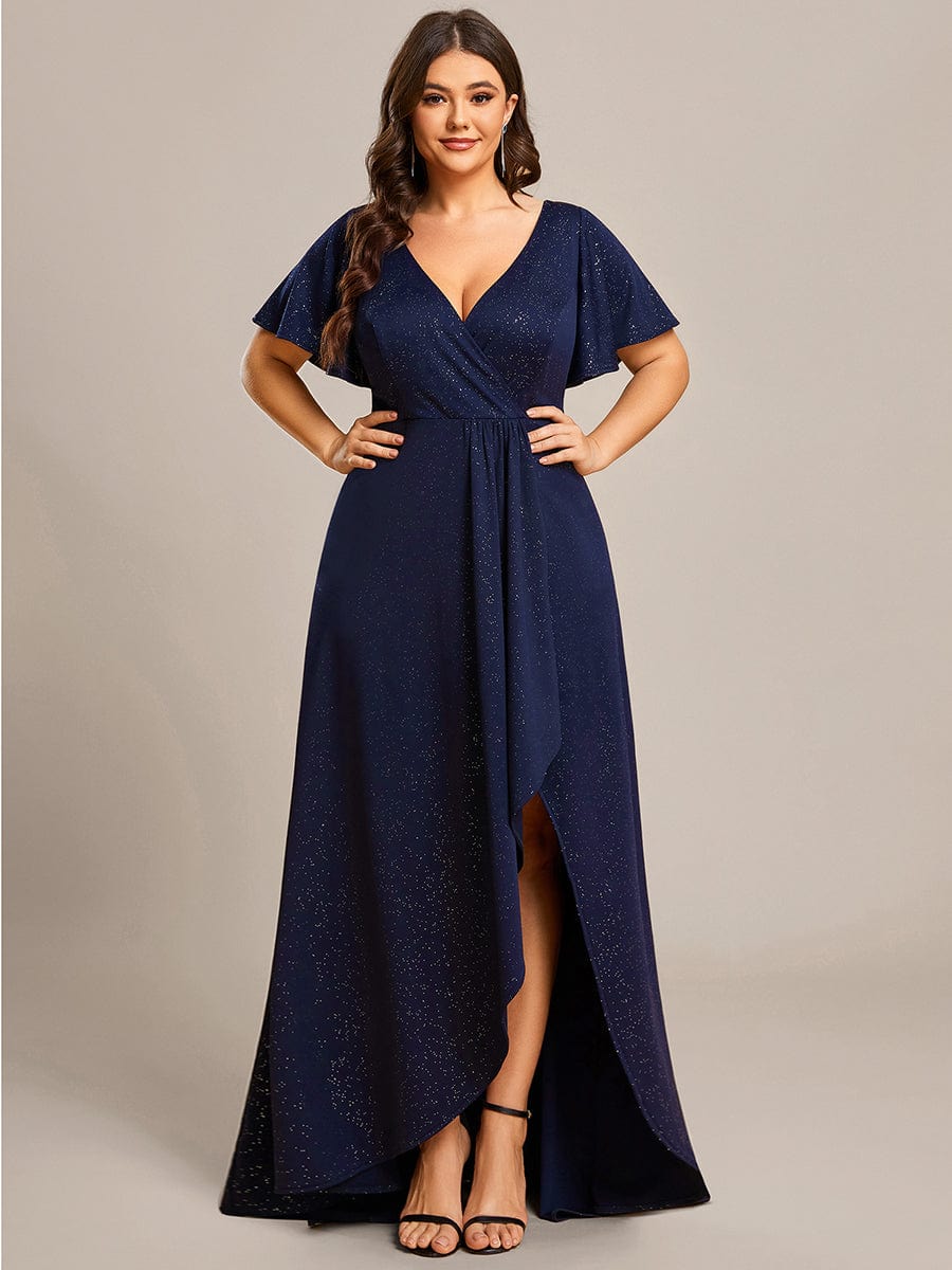 Plus Size Ruffled High-Low Front Slit Evening Dress with Glitter #color_Navy Blue Plus Size Ruffled High-Low Front Slit Evening Dress with Glitter #color_Navy Blue