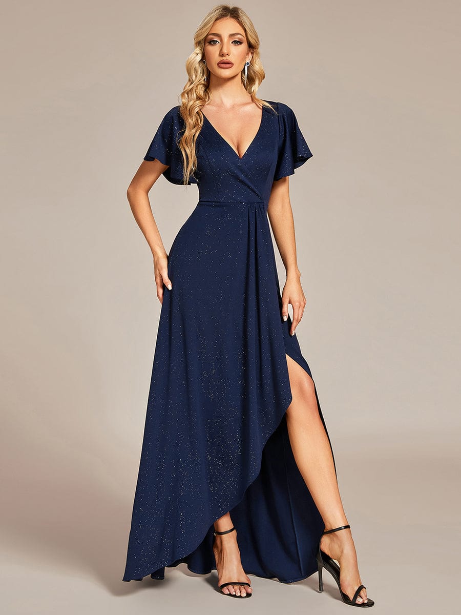 Glitter High-Low Front Side Slit Ruffled V-Neck Evening Dress #color_Navy Blue Glitter High-Low Front Side Slit Ruffled V-Neck Evening Dress #color_Navy Blue