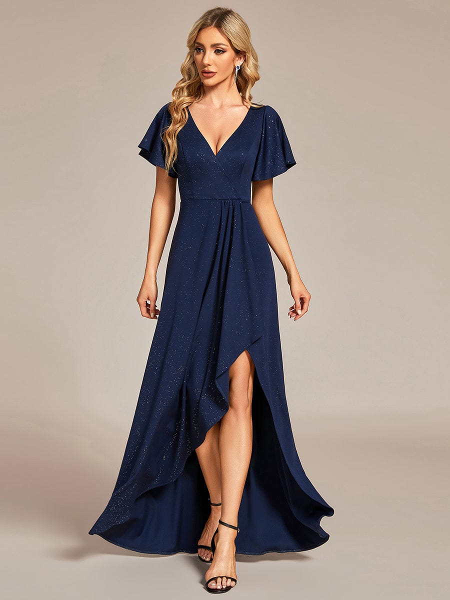 Glitter High-Low Front Side Slit Ruffled V-Neck Evening Dress #color_Navy Blue Glitter High-Low Front Side Slit Ruffled V-Neck Evening Dress #color_Navy Blue