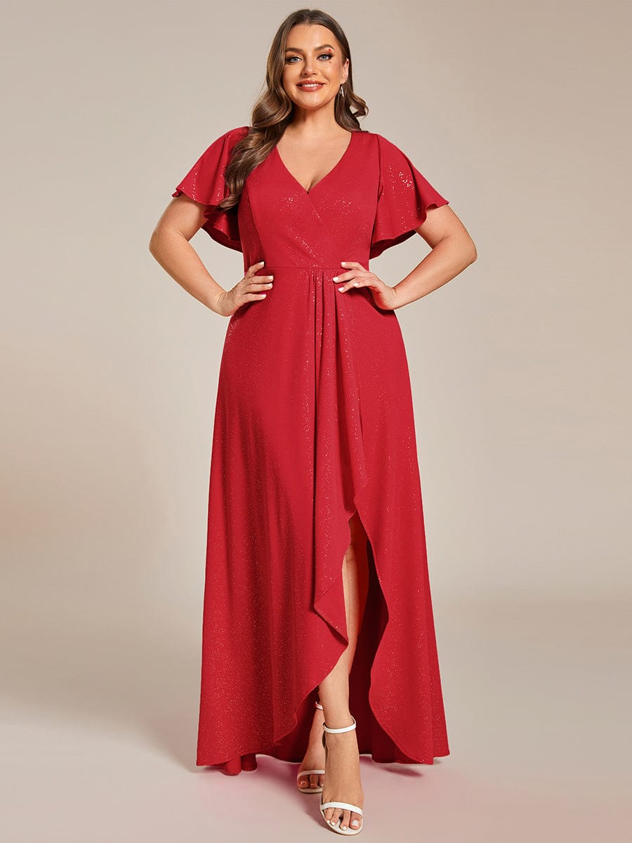 Plus Size Ruffled High-Low Front Slit Evening Dress with Glitter #color_Red Plus Size Ruffled High-Low Front Slit Evening Dress with Glitter #color_Red