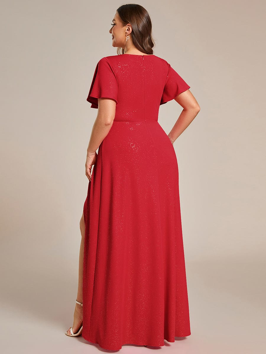 Plus Size Ruffled High-Low Front Slit Evening Dress with Glitter #color_Red Plus Size Ruffled High-Low Front Slit Evening Dress with Glitter #color_Red