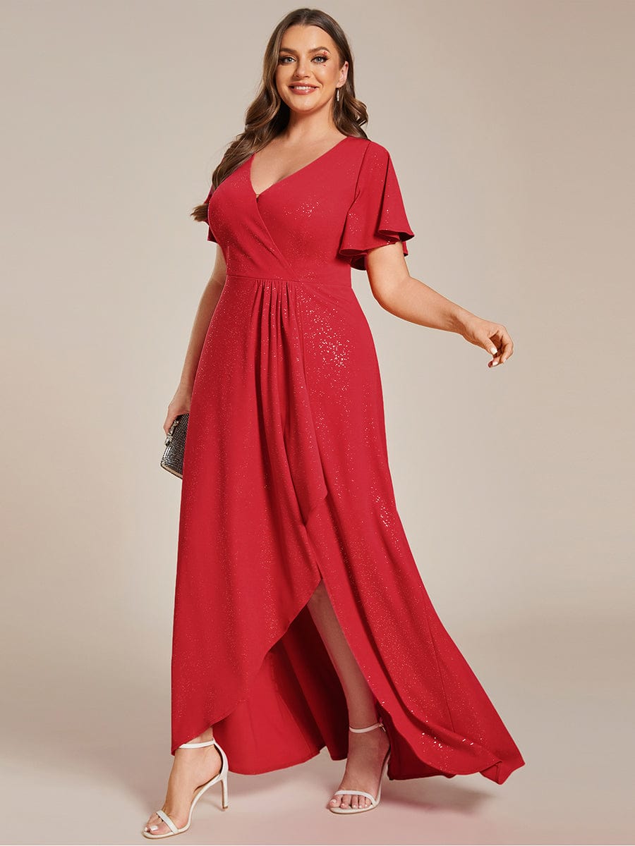 Plus Size Ruffled High-Low Front Slit Evening Dress with Glitter #color_Red Plus Size Ruffled High-Low Front Slit Evening Dress with Glitter #color_Red