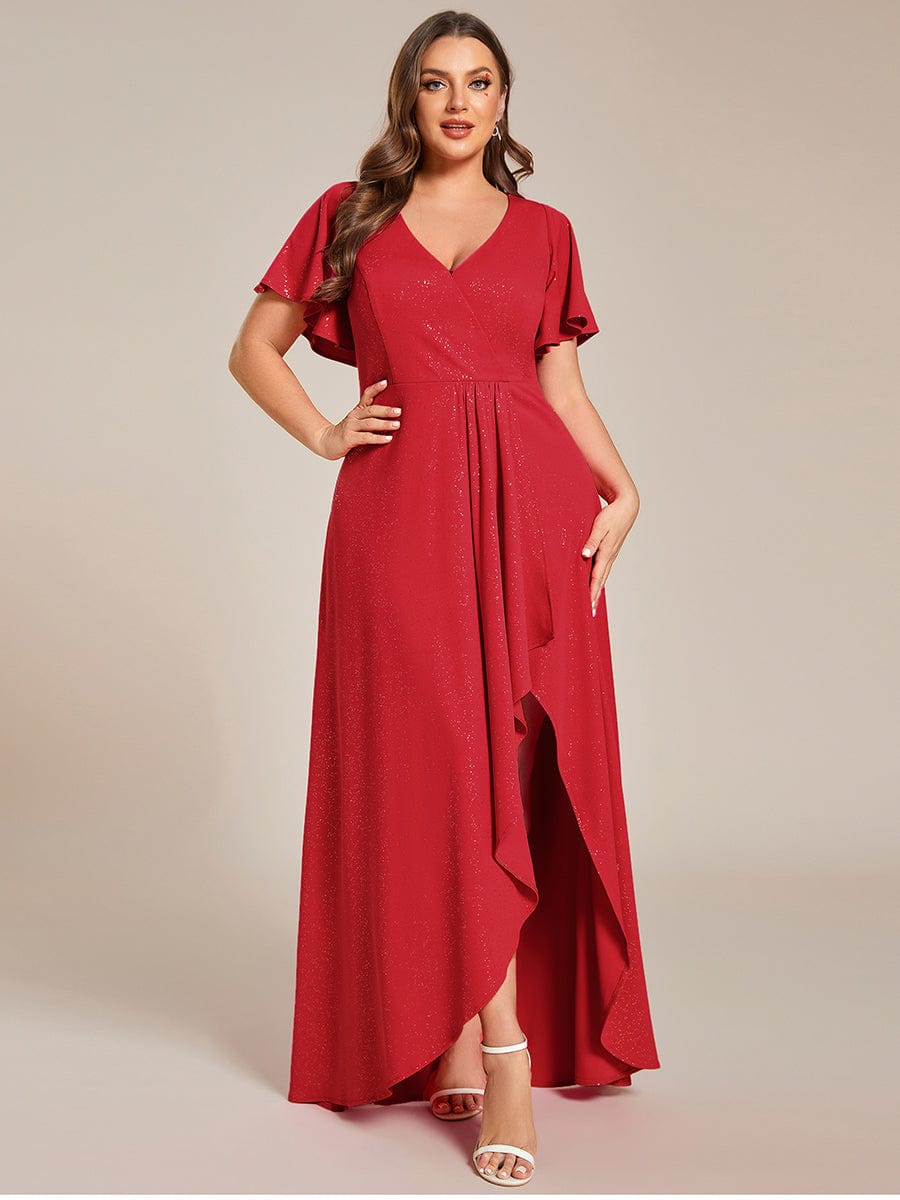Glitter High-Low Front Side Slit Ruffled V-Neck Evening Dress #color_Red Glitter High-Low Front Side Slit Ruffled V-Neck Evening Dress #color_Red