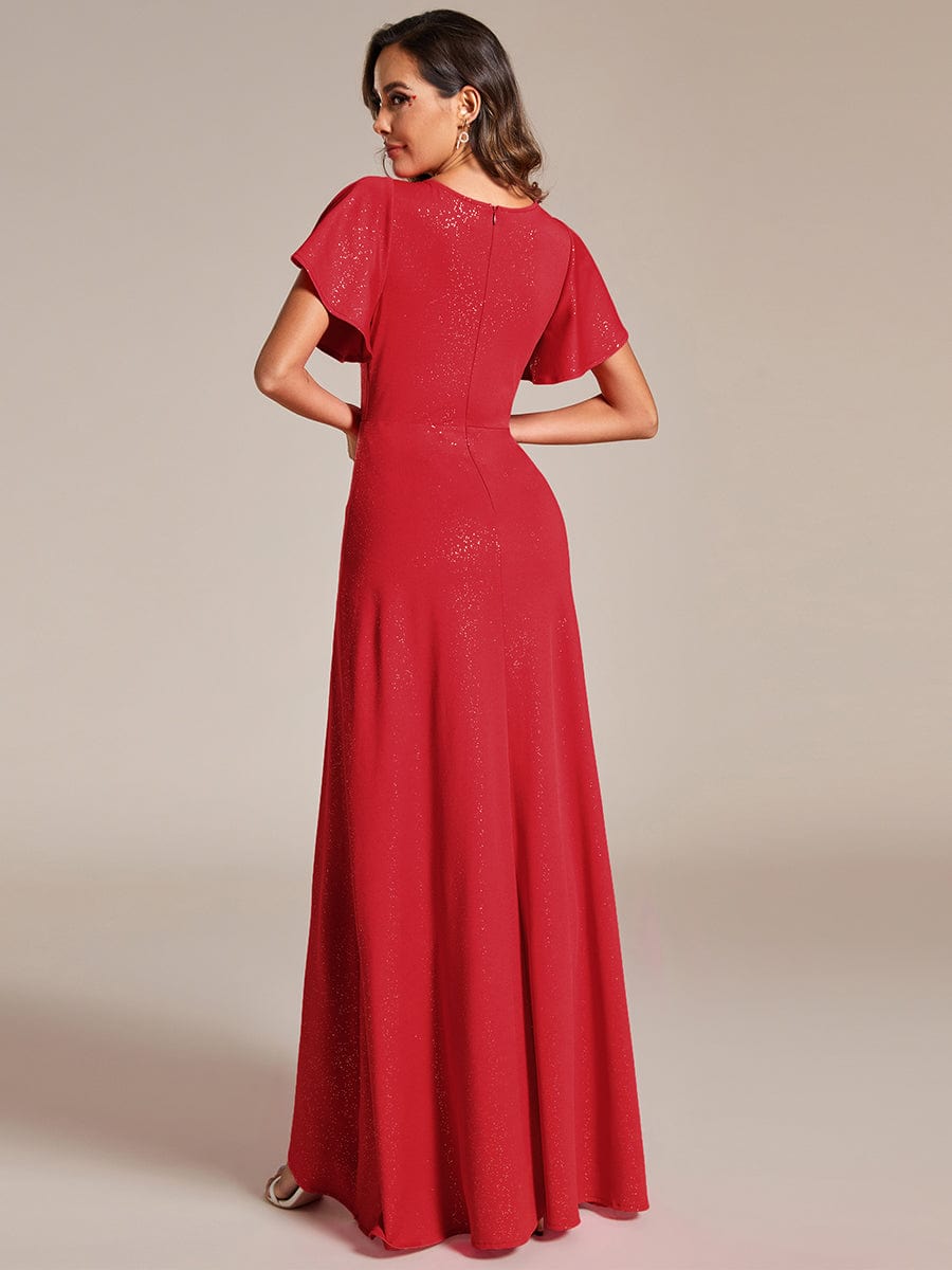 Glitter High-Low Front Side Slit Ruffled V-Neck Evening Dress #color_Red Glitter High-Low Front Side Slit Ruffled V-Neck Evening Dress #color_Red