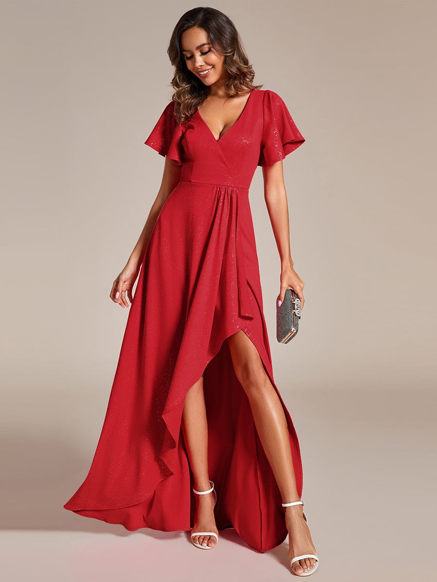 Glitter High-Low Front Side Slit Ruffled V-Neck Evening Dress #color_Red Glitter High-Low Front Side Slit Ruffled V-Neck Evening Dress #color_Red