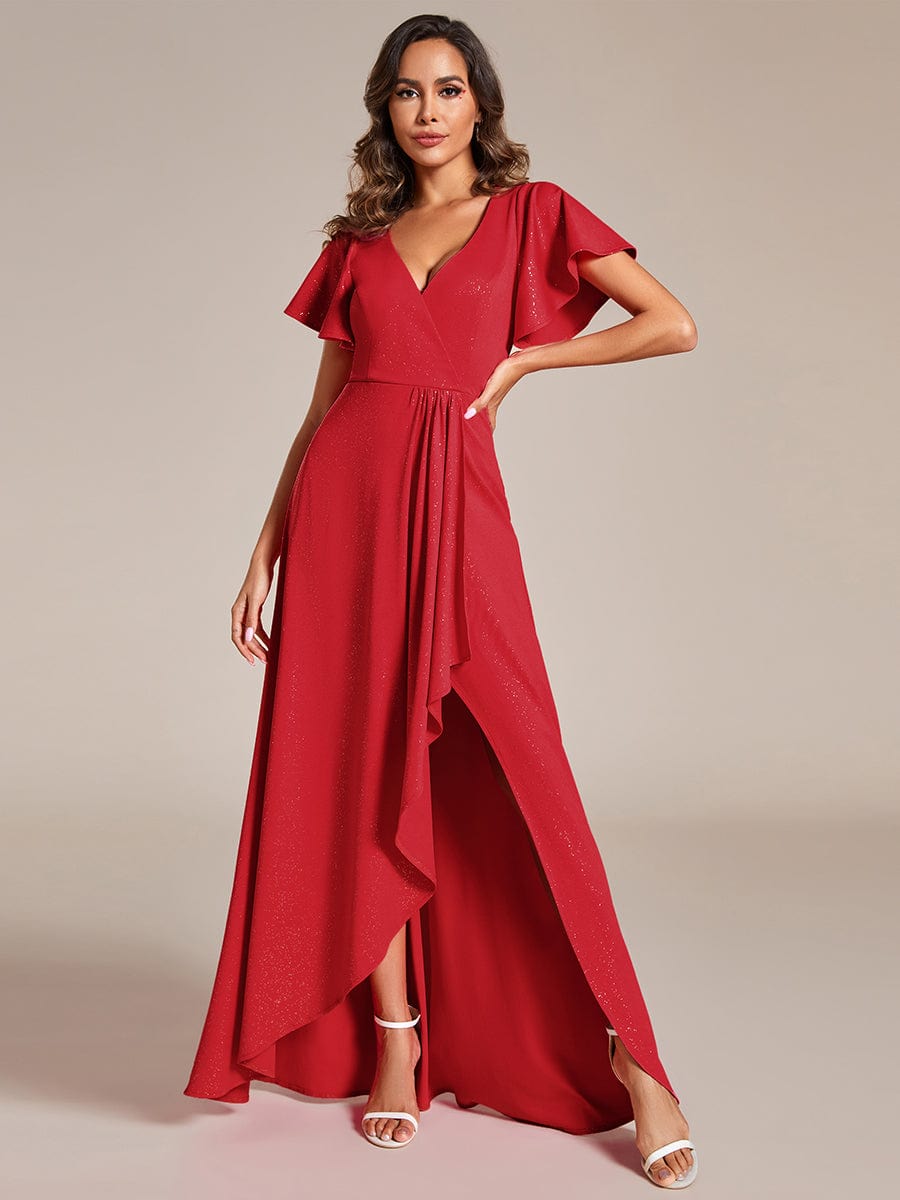 Glitter High-Low Front Side Slit Ruffled V-Neck Evening Dress #color_Red Glitter High-Low Front Side Slit Ruffled V-Neck Evening Dress #color_Red
