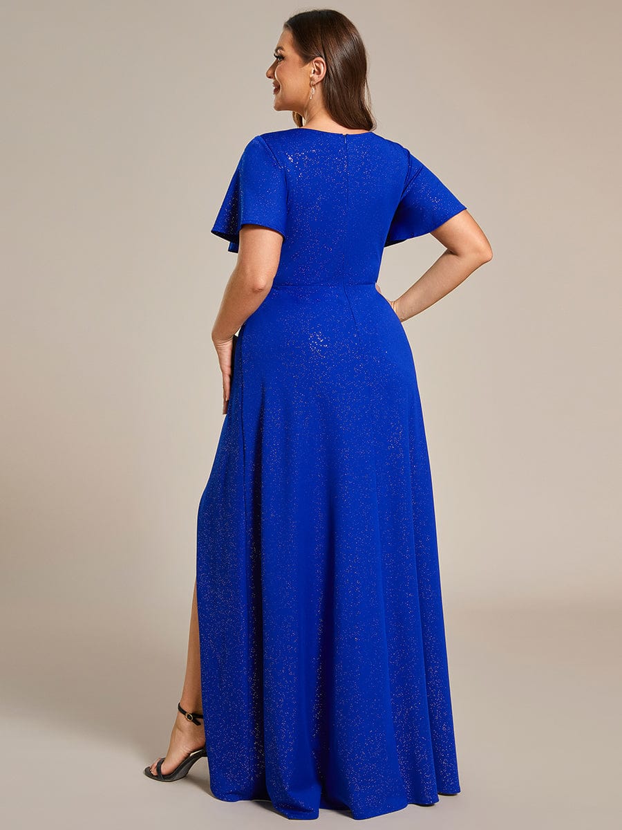 Plus Size Ruffled High-Low Front Slit Evening Dress with Glitter #color_Sapphire Blue Plus Size Ruffled High-Low Front Slit Evening Dress with Glitter #color_Sapphire Blue