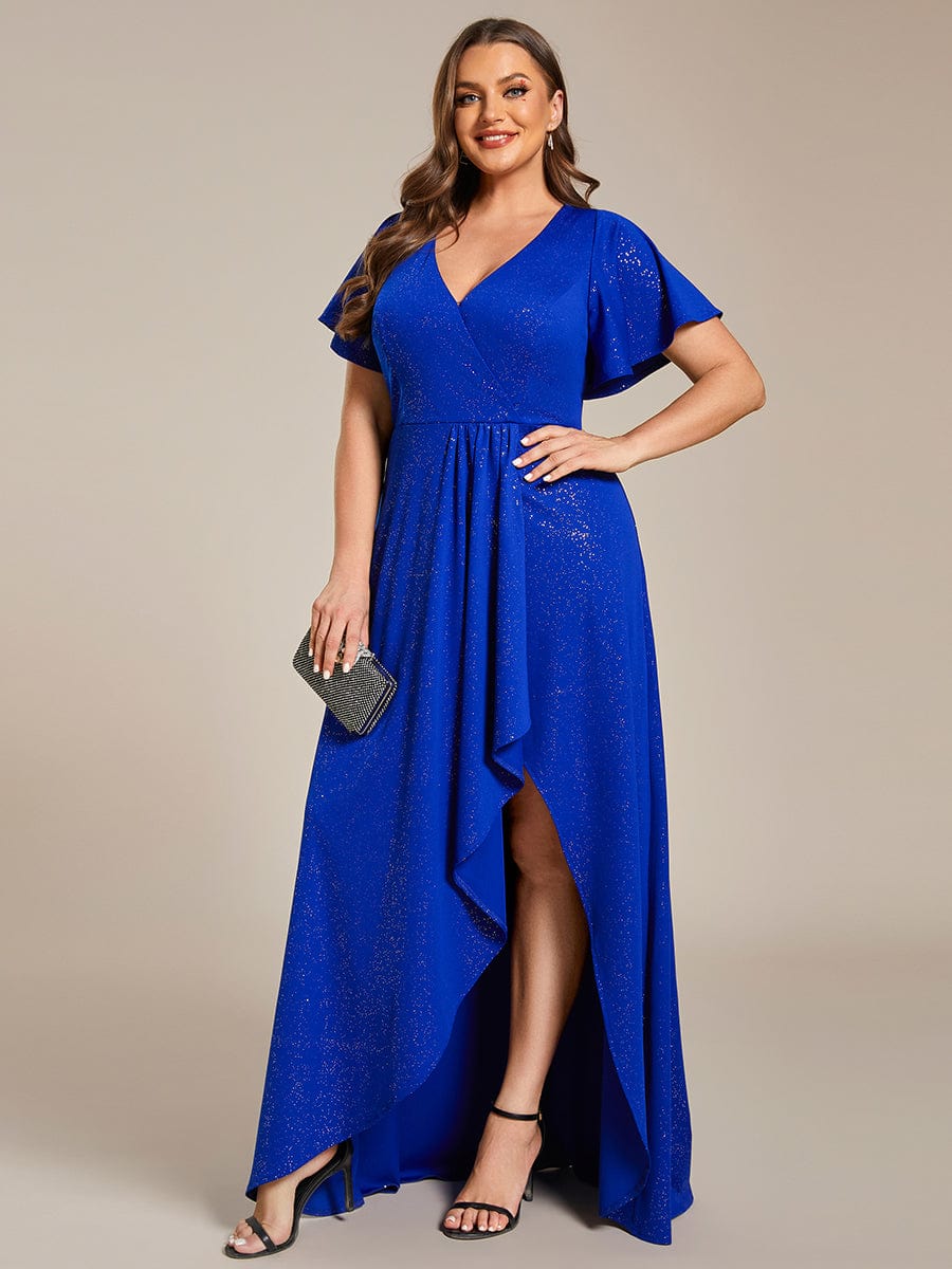 Plus Size Ruffled High-Low Front Slit Evening Dress with Glitter #color_Sapphire Blue Plus Size Ruffled High-Low Front Slit Evening Dress with Glitter #color_Sapphire Blue