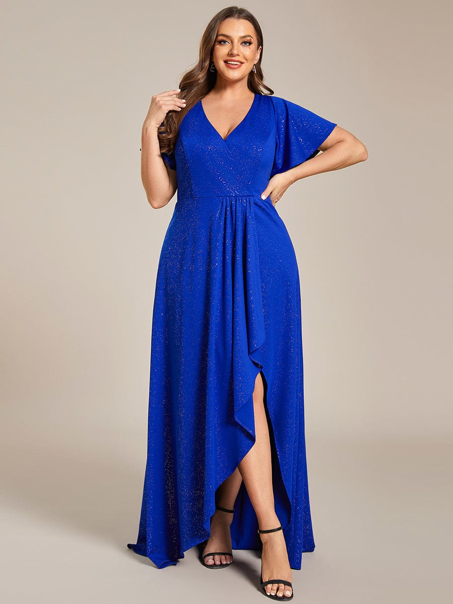 Glitter High-Low Front Side Slit Ruffled V-Neck Evening Dress #color_Sapphire Blue Glitter High-Low Front Side Slit Ruffled V-Neck Evening Dress #color_Sapphire Blue