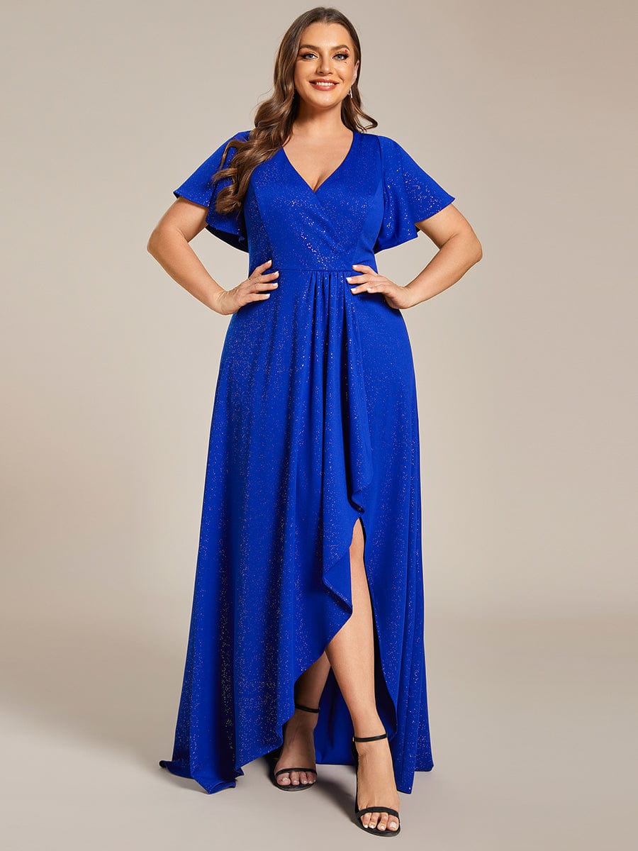 Plus Size Ruffled High-Low Front Slit Evening Dress with Glitter #color_Sapphire Blue Plus Size Ruffled High-Low Front Slit Evening Dress with Glitter #color_Sapphire Blue