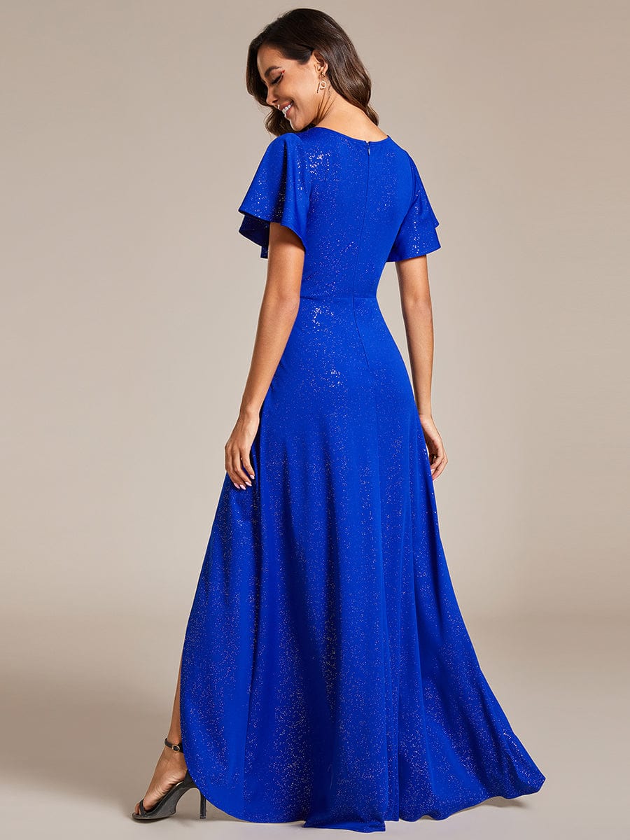 Glitter High-Low Front Side Slit Ruffled V-Neck Evening Dress #color_Sapphire Blue Glitter High-Low Front Side Slit Ruffled V-Neck Evening Dress #color_Sapphire Blue