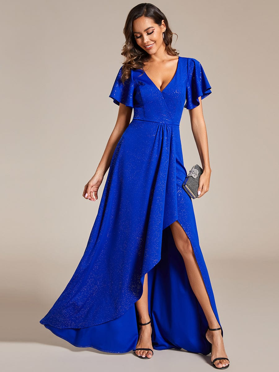 Glitter High-Low Front Side Slit Ruffled V-Neck Evening Dress #color_Sapphire Blue Glitter High-Low Front Side Slit Ruffled V-Neck Evening Dress #color_Sapphire Blue