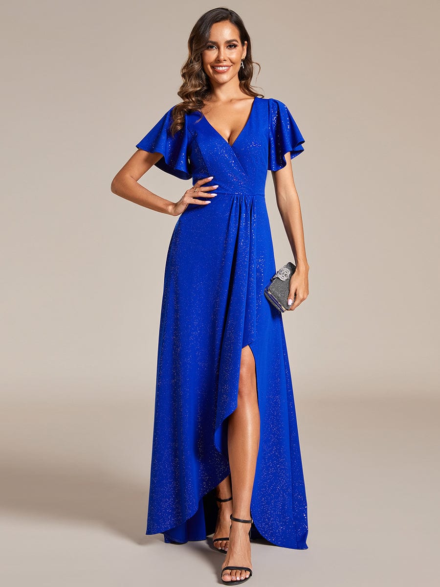Glitter High-Low Front Side Slit Ruffled V-Neck Evening Dress #color_Sapphire Blue Glitter High-Low Front Side Slit Ruffled V-Neck Evening Dress #color_Sapphire Blue