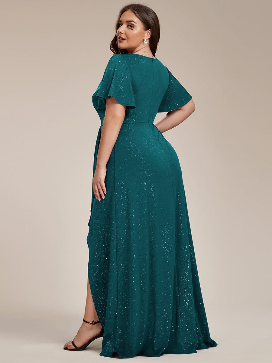 Glitter High-Low Front Side Slit Ruffled V-Neck Evening Dress #color_Teal Glitter High-Low Front Side Slit Ruffled V-Neck Evening Dress #color_Teal
