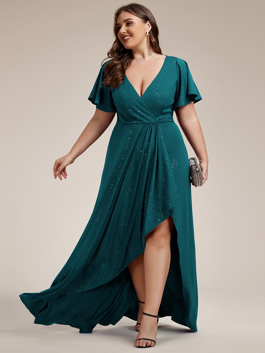 Plus Size Ruffled High-Low Front Slit Evening Dress with Glitter #color_Teal Plus Size Ruffled High-Low Front Slit Evening Dress with Glitter #color_Teal