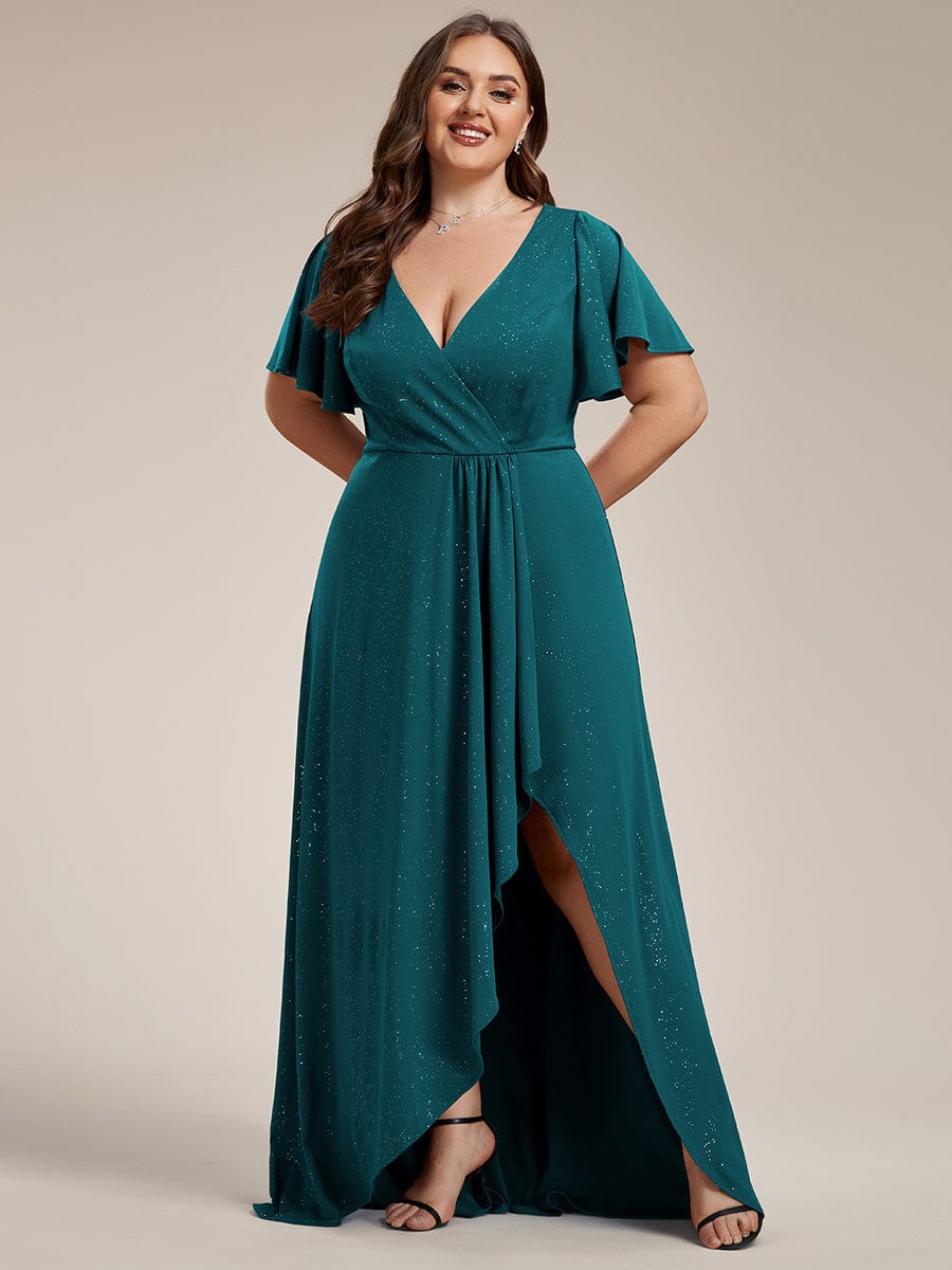 Plus Size Ruffled High-Low Front Slit Evening Dress with Glitter #color_Teal Plus Size Ruffled High-Low Front Slit Evening Dress with Glitter #color_Teal
