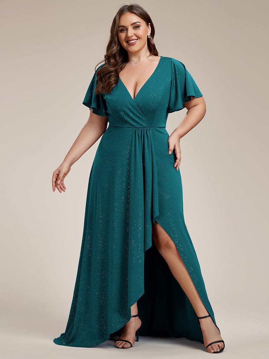 Glitter High-Low Front Side Slit Ruffled V-Neck Evening Dress #color_Teal Glitter High-Low Front Side Slit Ruffled V-Neck Evening Dress #color_Teal