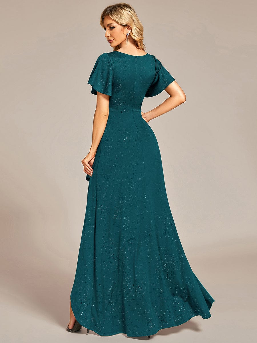 Glitter High-Low Front Side Slit Ruffled V-Neck Evening Dress #color_Teal Glitter High-Low Front Side Slit Ruffled V-Neck Evening Dress #color_Teal