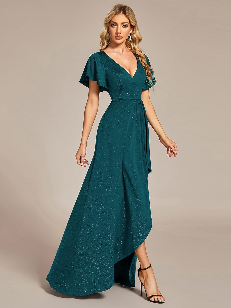 Glitter High-Low Front Side Slit Ruffled V-Neck Evening Dress #color_Teal Glitter High-Low Front Side Slit Ruffled V-Neck Evening Dress #color_Teal