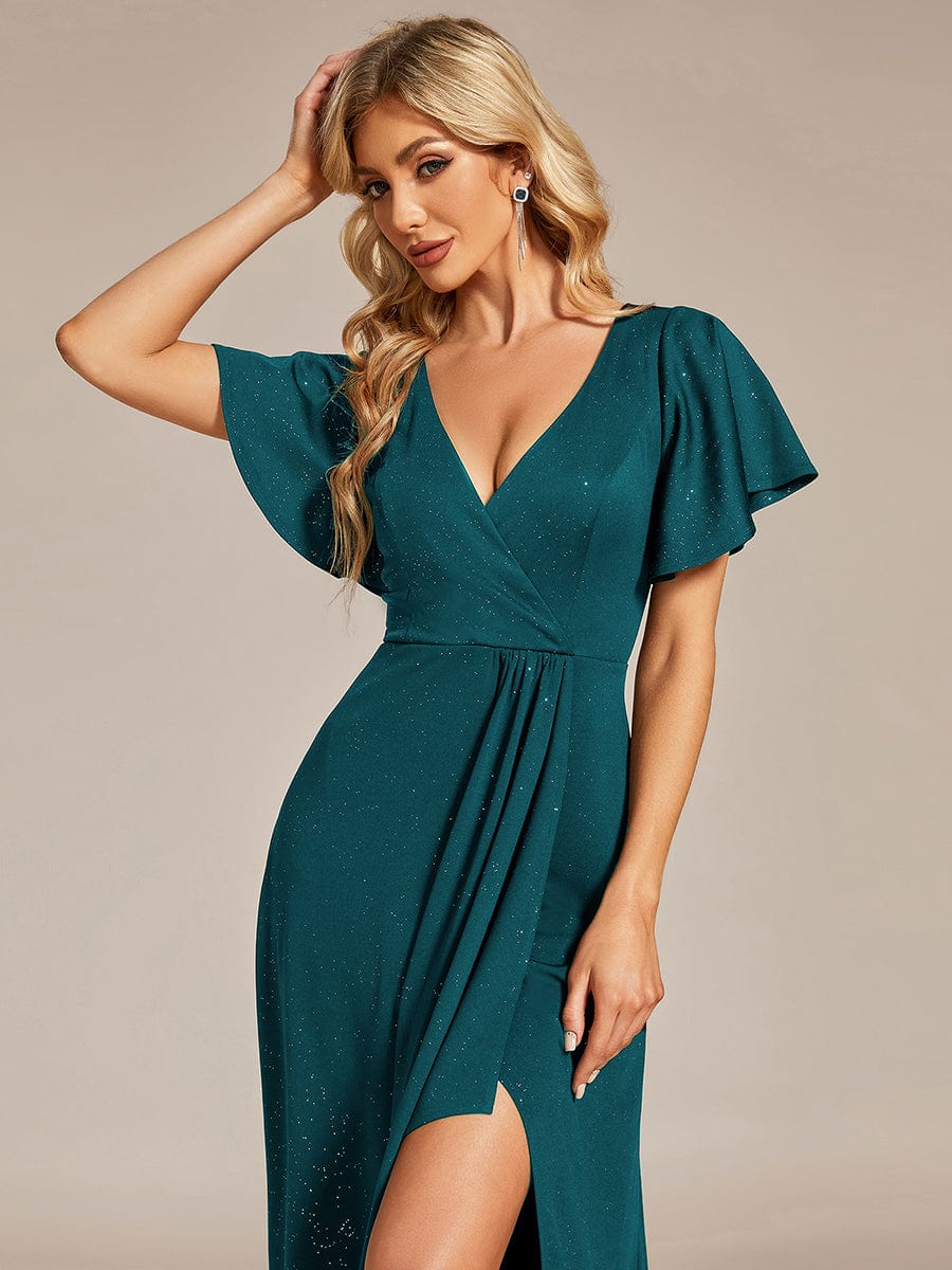 Glitter High-Low Front Side Slit Ruffled V-Neck Evening Dress #color_Teal Glitter High-Low Front Side Slit Ruffled V-Neck Evening Dress #color_Teal