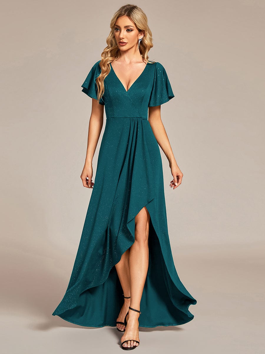 Glitter High-Low Front Side Slit Ruffled V-Neck Evening Dress #color_Teal Glitter High-Low Front Side Slit Ruffled V-Neck Evening Dress #color_Teal