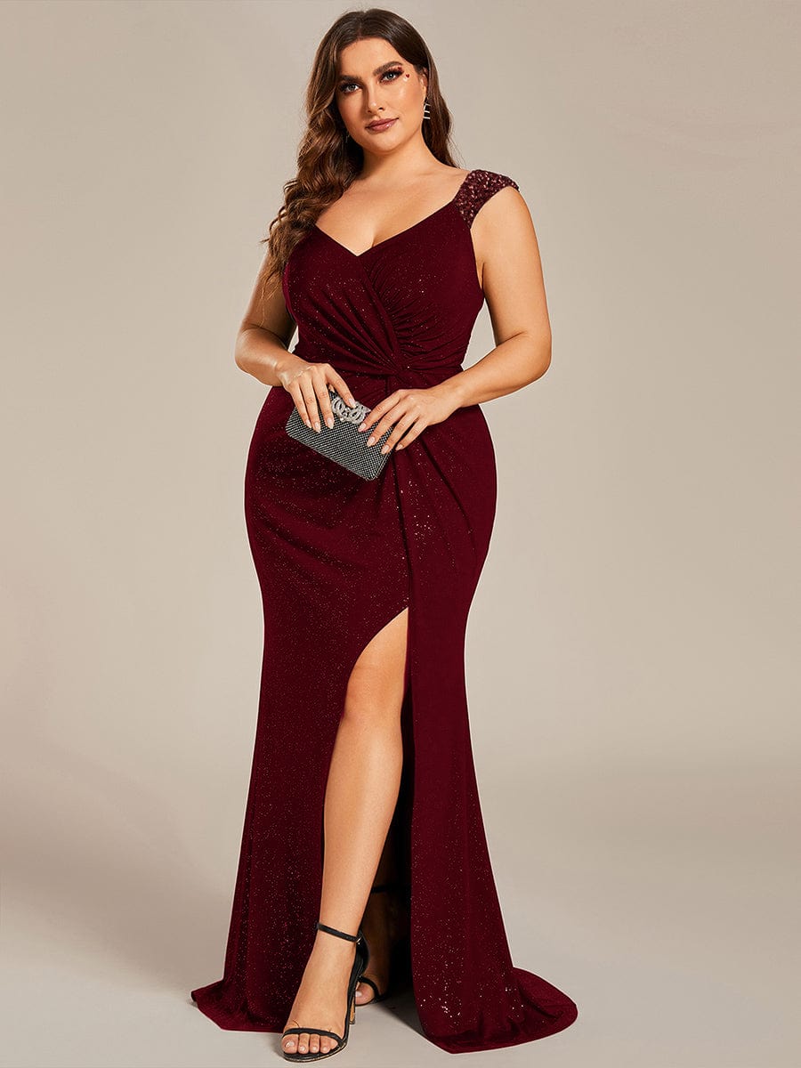 Plus Size Glitter V-Neck High Slit Sequin Shoulder Strap Evening Dress #color_Burgundy Plus Size Glitter V-Neck High Slit Sequin Shoulder Strap Evening Dress #color_Burgundy