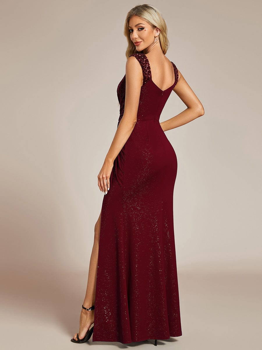 Glitter V-Neck High Slit Sequin Shoulder Strap Evening Dress #color_Burgundy Glitter V-Neck High Slit Sequin Shoulder Strap Evening Dress #color_Burgundy